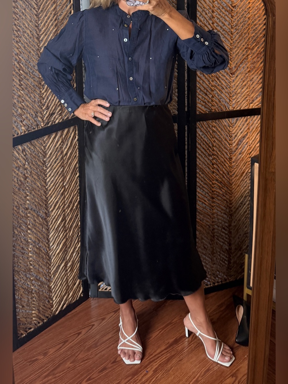 Navy button down blouse with rhinestones